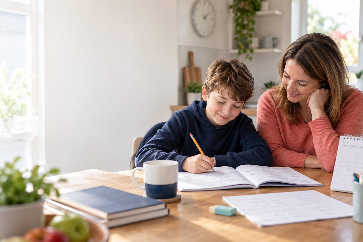 A parent calmly supports a child completing SEAG practice at a kitchen table.