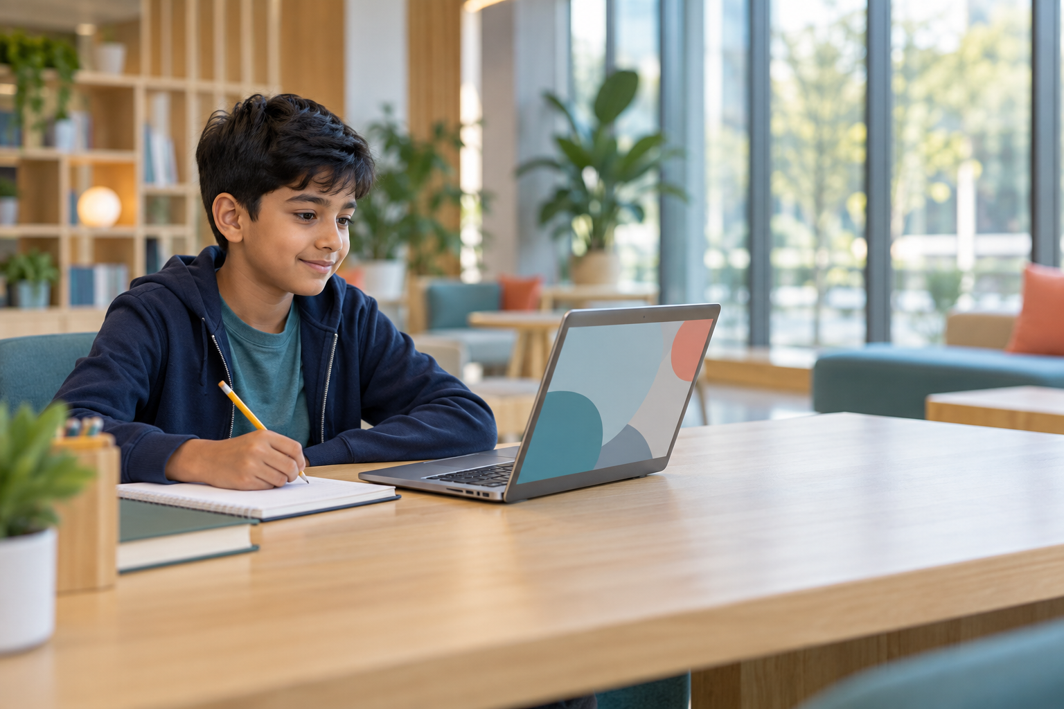 A pupil calmly completes online learning on a laptop in a bright study space.