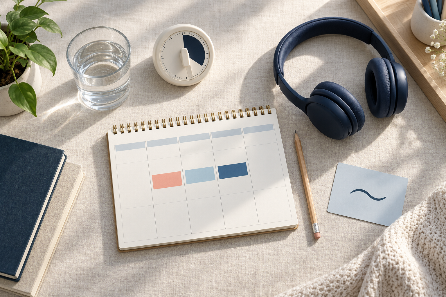 A calm revision setup with a short visual schedule, timer, water and headphones.