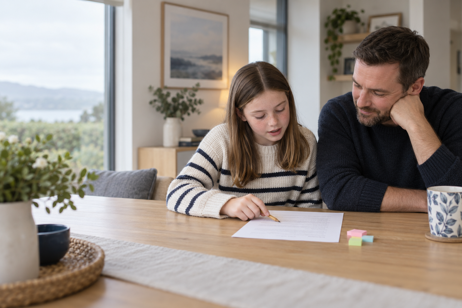 A father listens as his daughter points to evidence in a reading passage at the dining table.