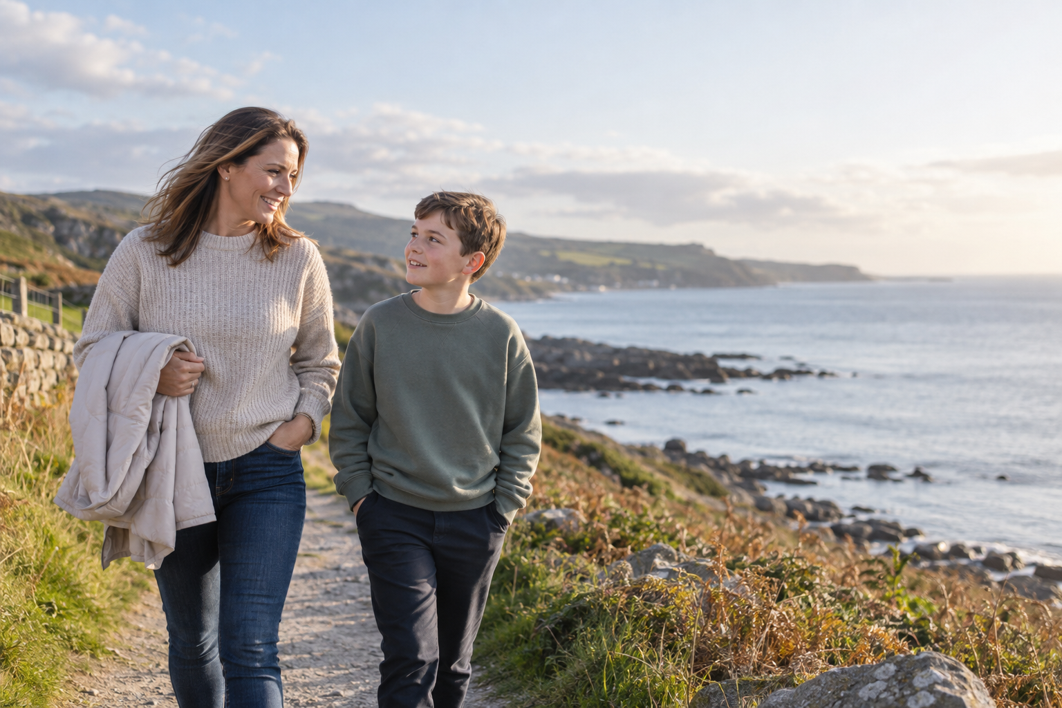 A mother and son talk together while walking along a coastal path during the final preparation week.