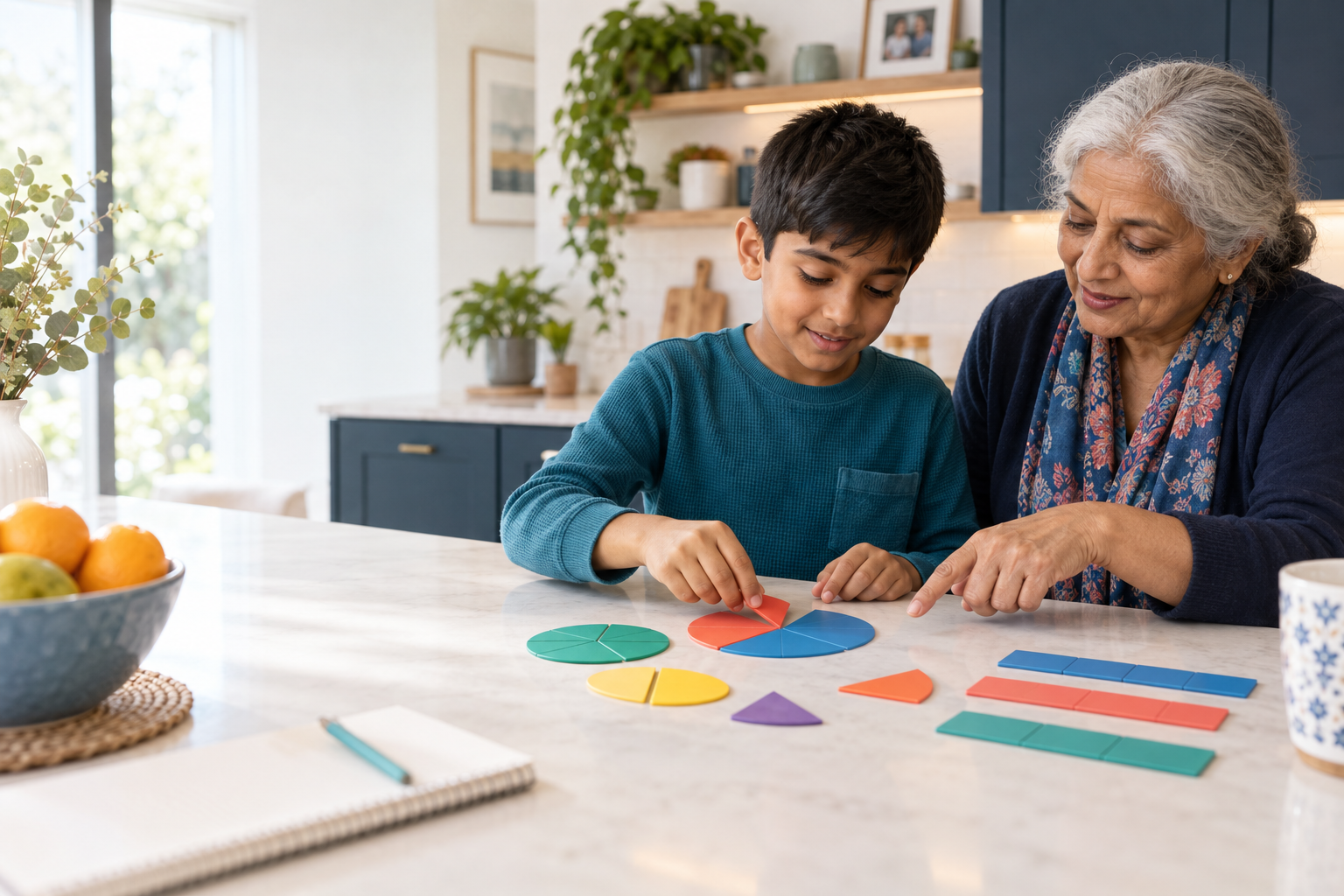 A child and his grandmother explore fractions using coloured fraction pieces at a kitchen island.