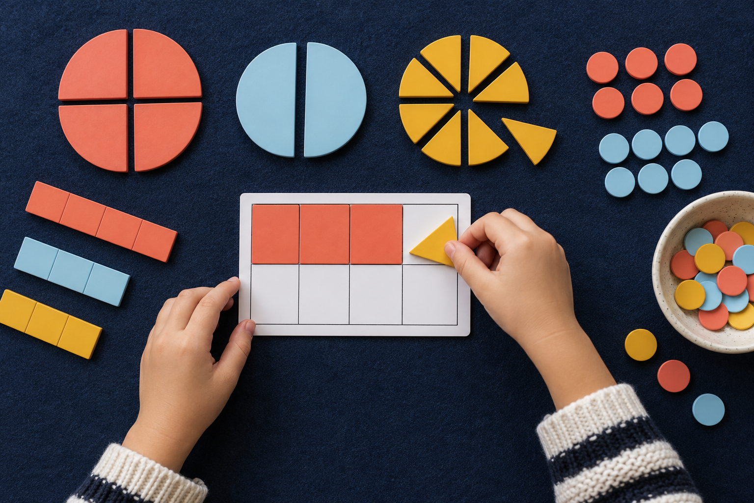 A child uses fraction pieces and counters on a navy activity mat.
