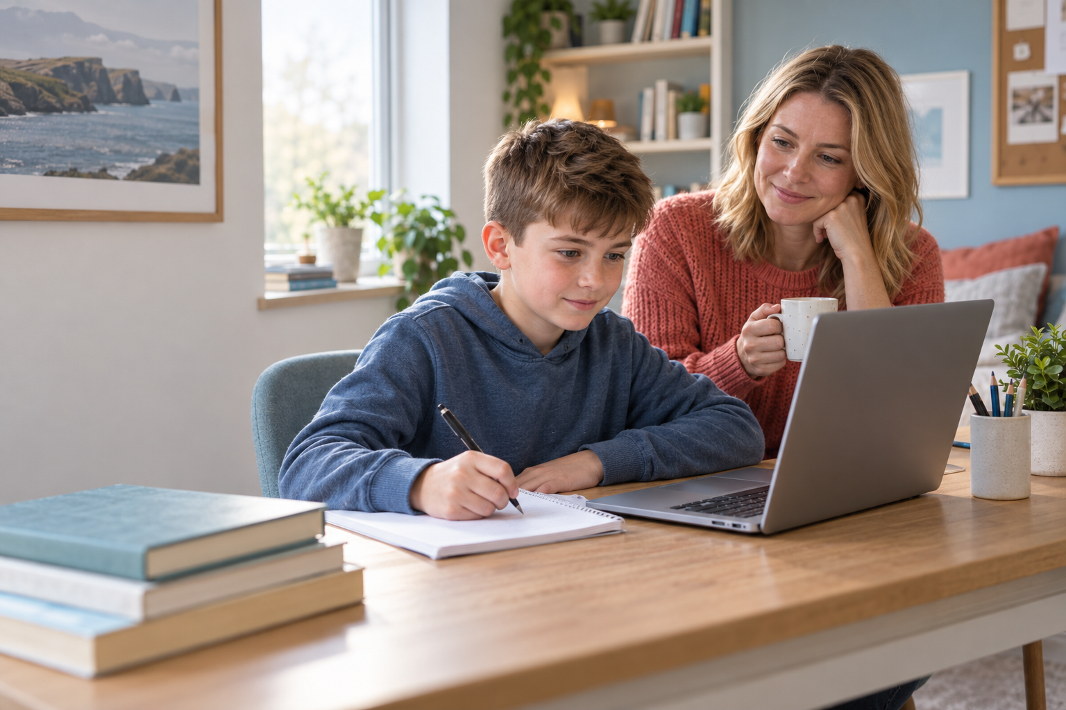 A mother watches supportively while her son works independently on a laptop and notebook.