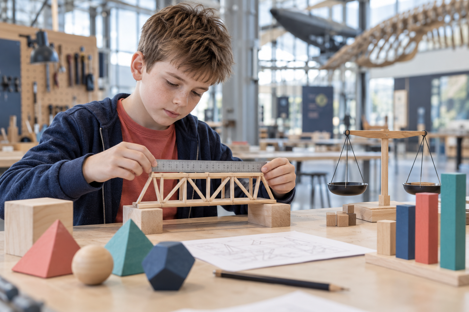 A pupil measures a model bridge beside geometric solids, a balance and a block chart.