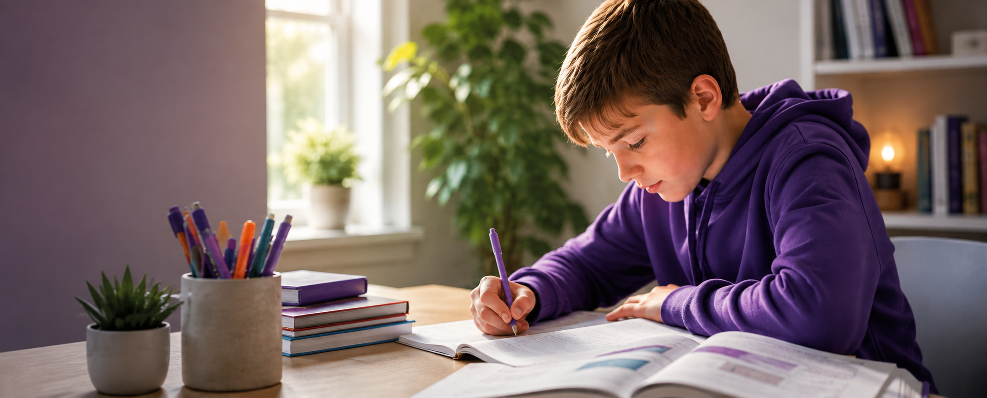 A child studying at home, writing in a notebook