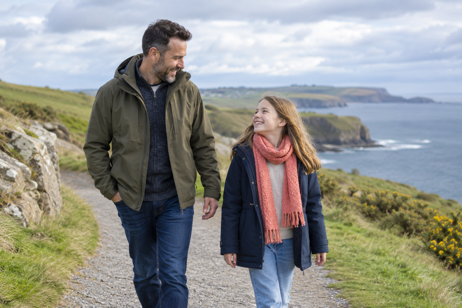 A father and daughter talk during a relaxed walk on a coastal path.