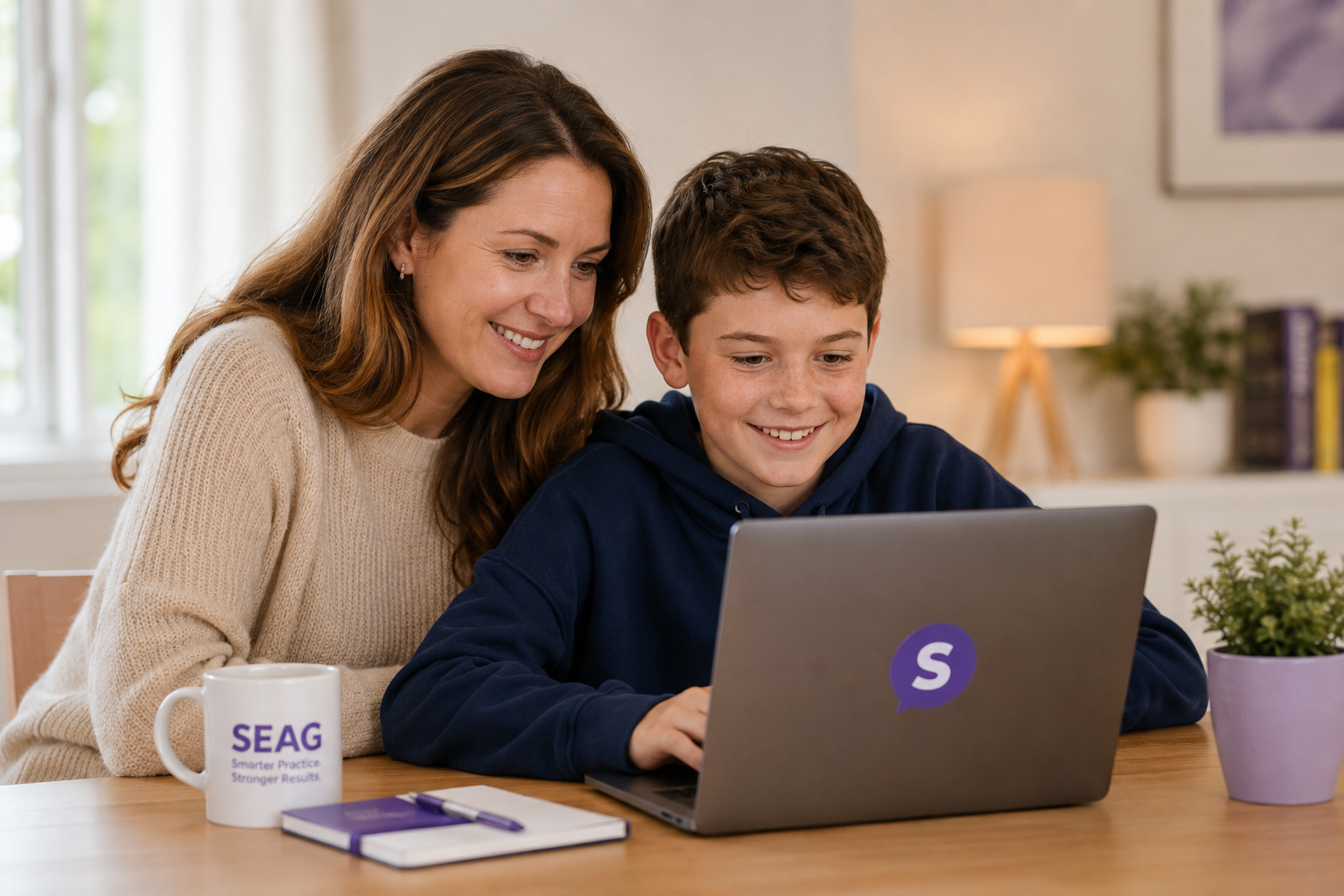 A parent and child looking at PrepPath together on a laptop
