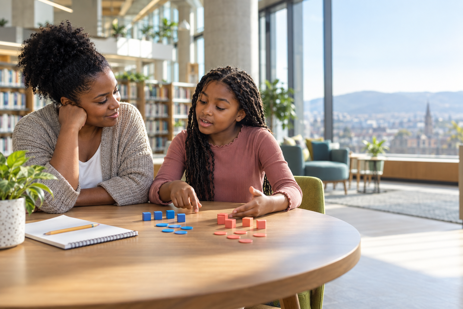 A mother listens as her daughter explains groups of blue and coral counters at a library table.