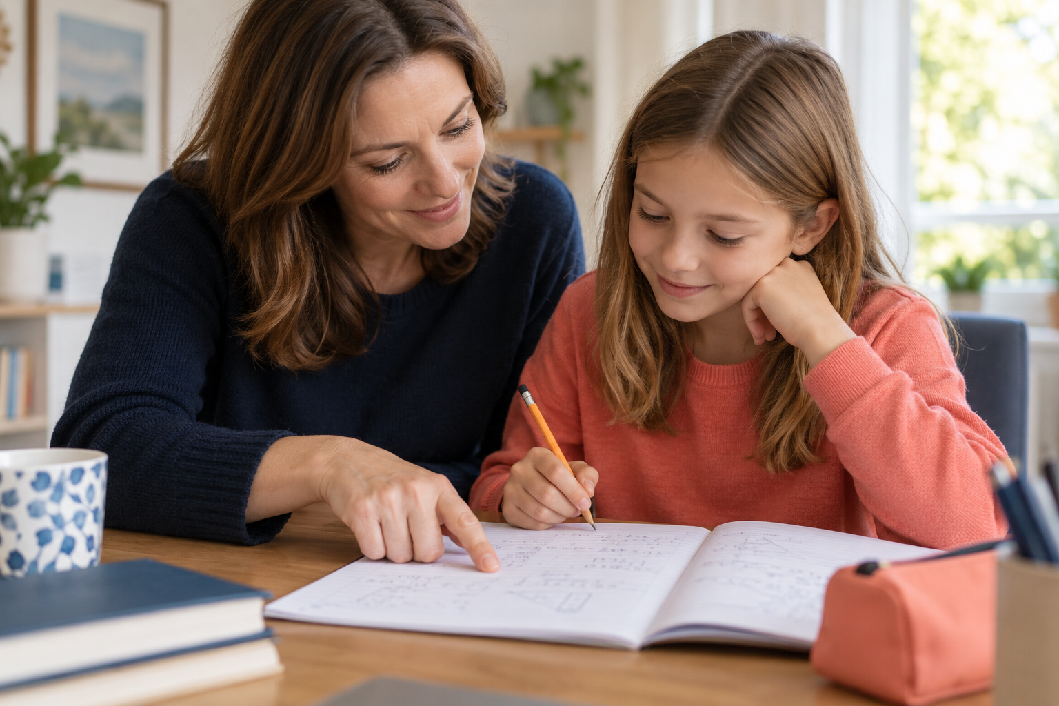 A parent and child calmly review pencil workings together after practice.