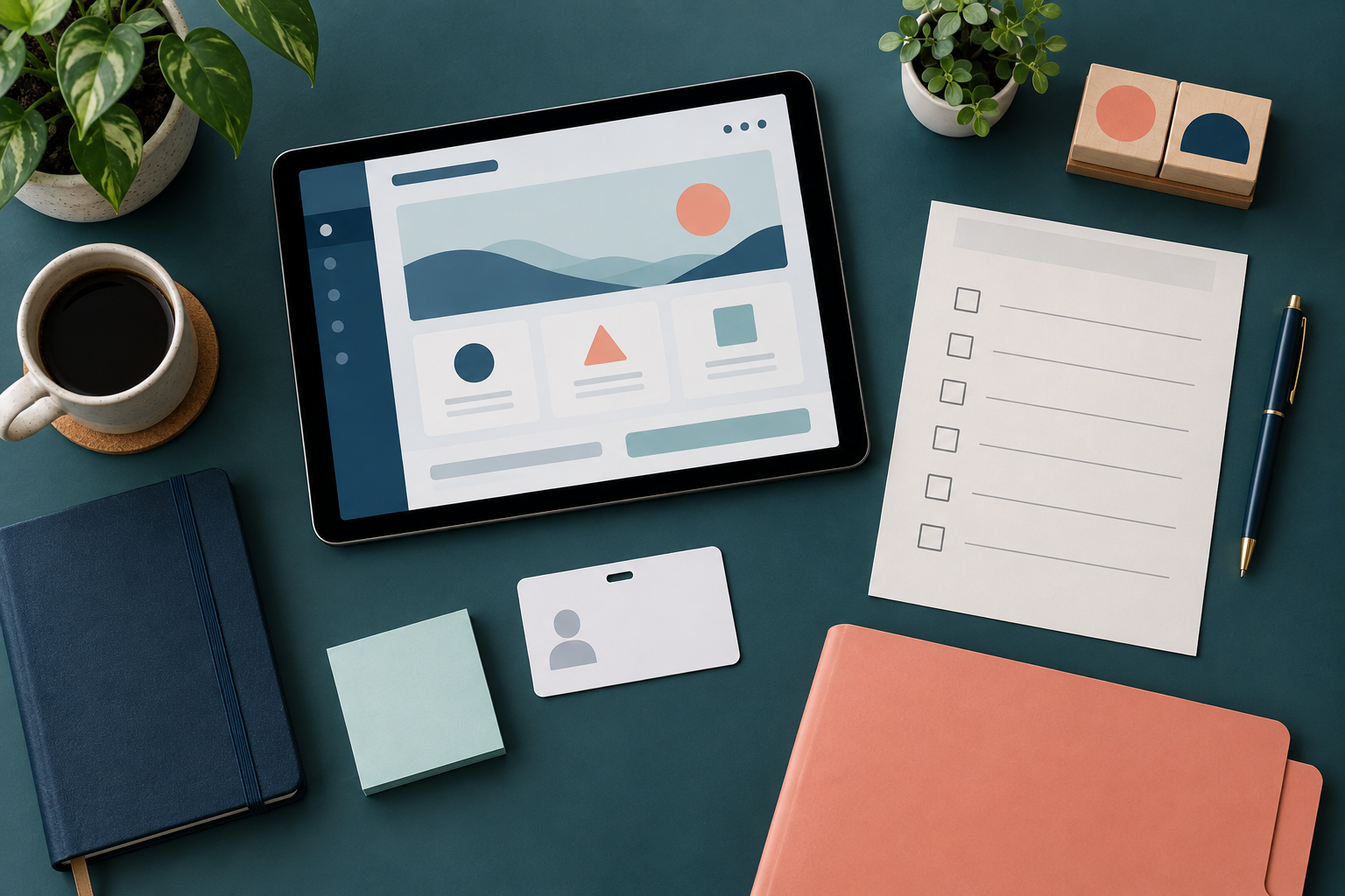 A tablet, checklist and document folder arranged for SEAG registration planning.