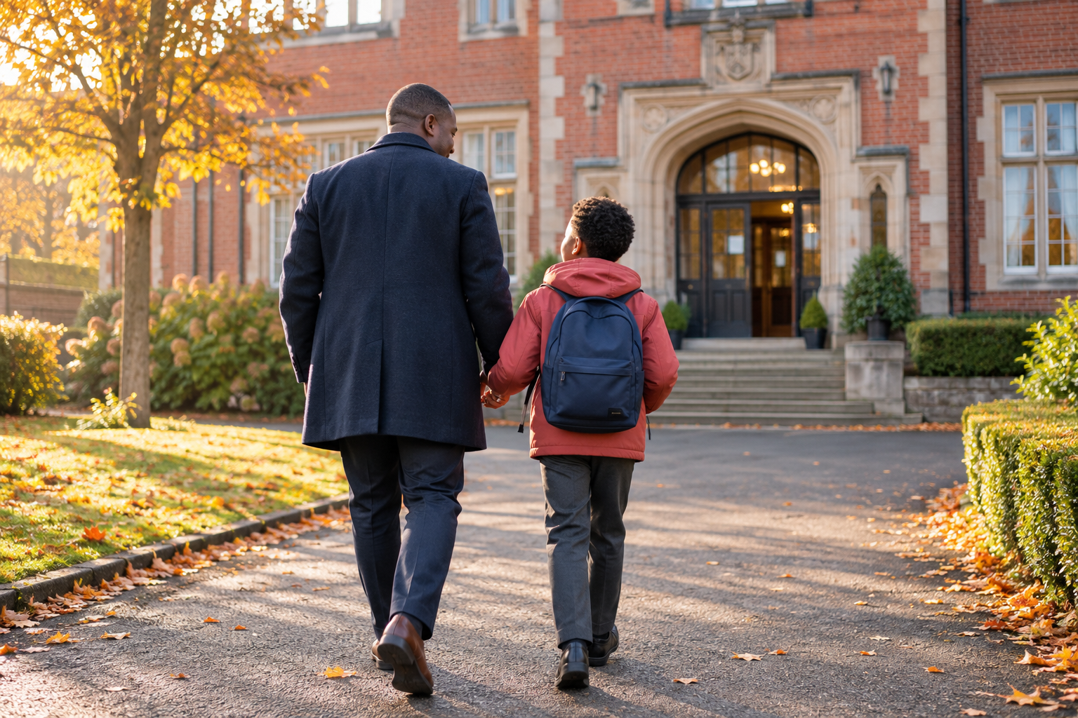 A parent and child walk toward an assessment centre on an autumn morning.