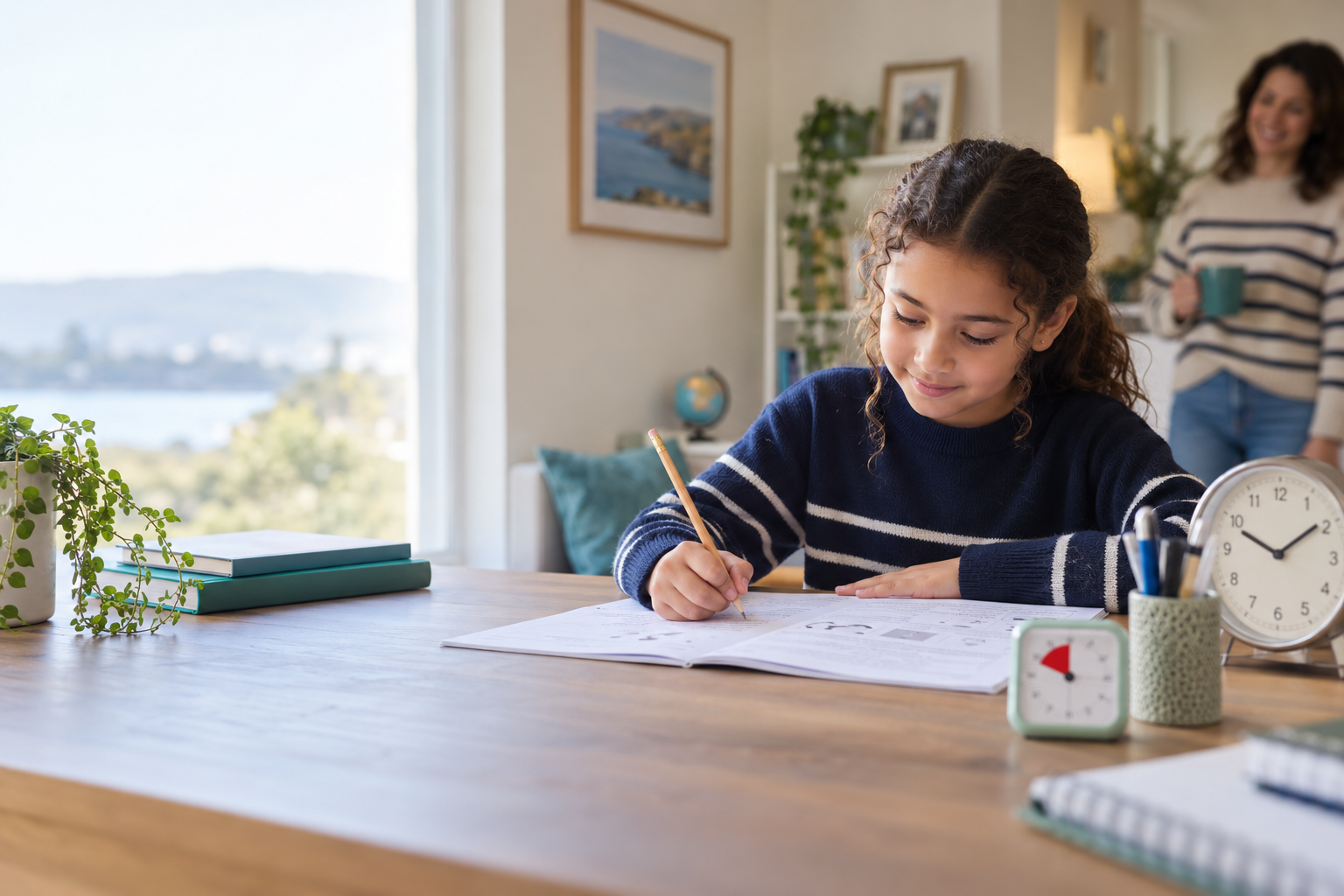 A child works calmly at a desk with a clock and timer nearby while a parent remains in the background.